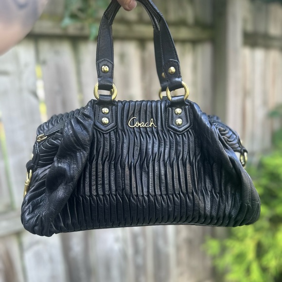 Coach F23966 Ashley Gathered Leather Satchel Handbag, Black With Lilac Lining - Picture 1 of 10